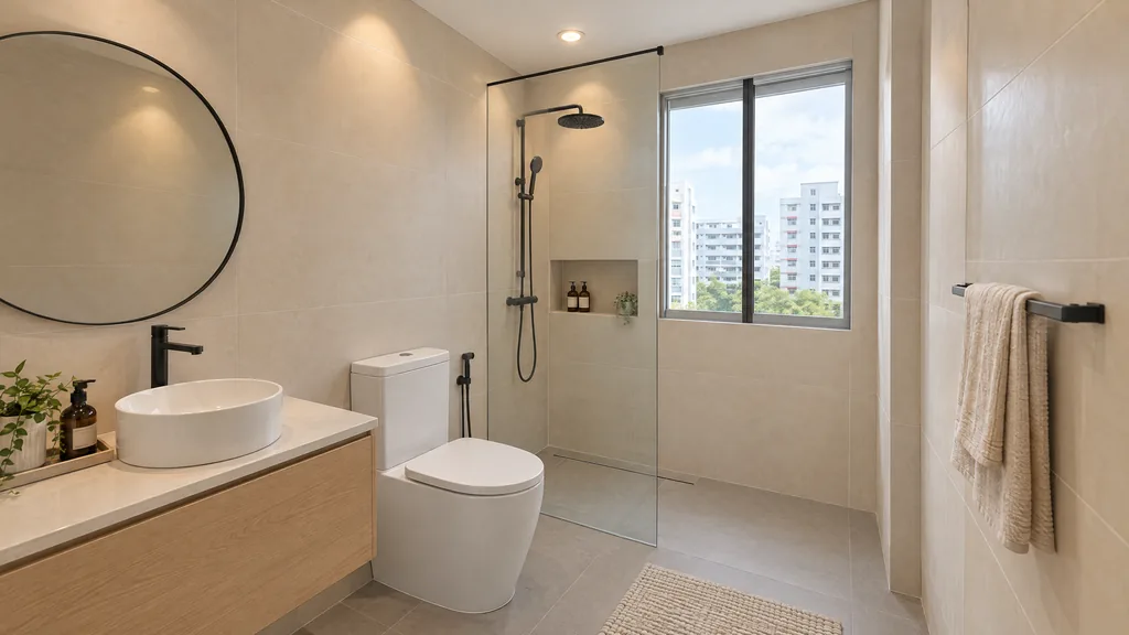 Render of the bathroom: oak vanity with a round basin and round mirror, WC, glass shower screen, tiled shower niche and window