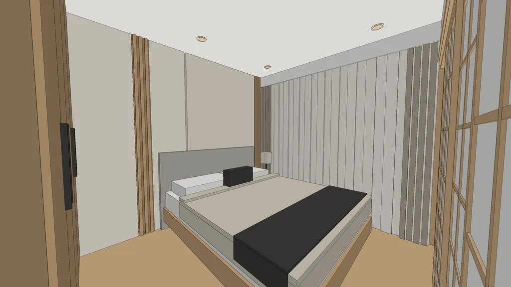Clay 3D view of the bedroom from the SketchUp model