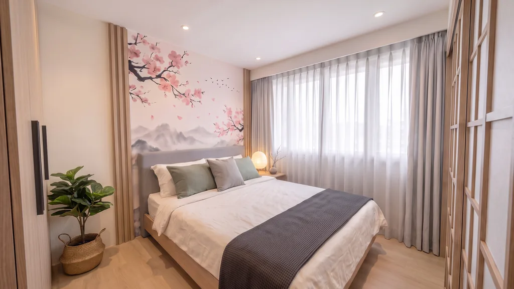 Photoreal Japandi render of the bedroom: cherry-blossom wallpaper framed by fluted oak panels