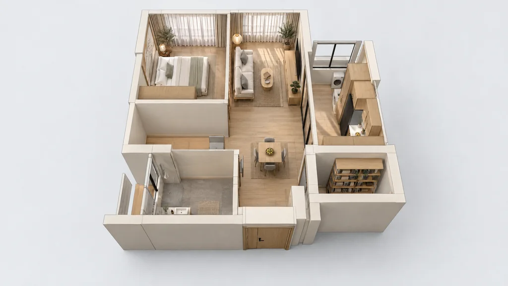 3D floor plan render of the Japandi 2-room Flexi HDB flat: bedroom, living room, dining, kitchen, bathroom and household shelter from above