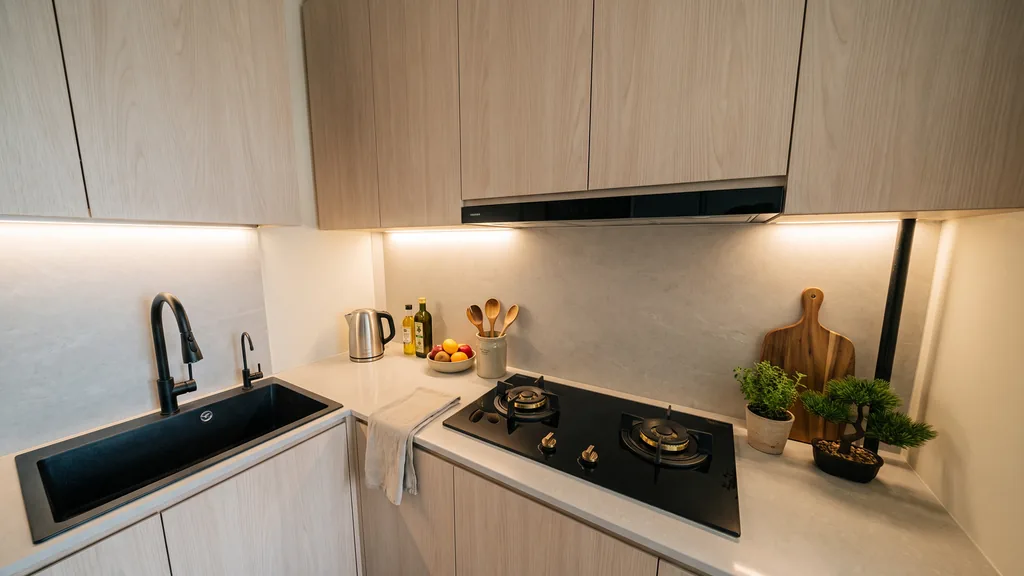 Photoreal Japandi render of the kitchen in the 2-room Flexi HDB flat