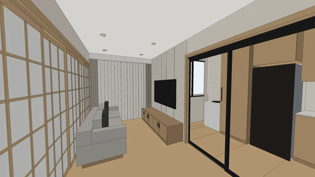Clay 3D view of the living room from the SketchUp model IDstudio built from the plan