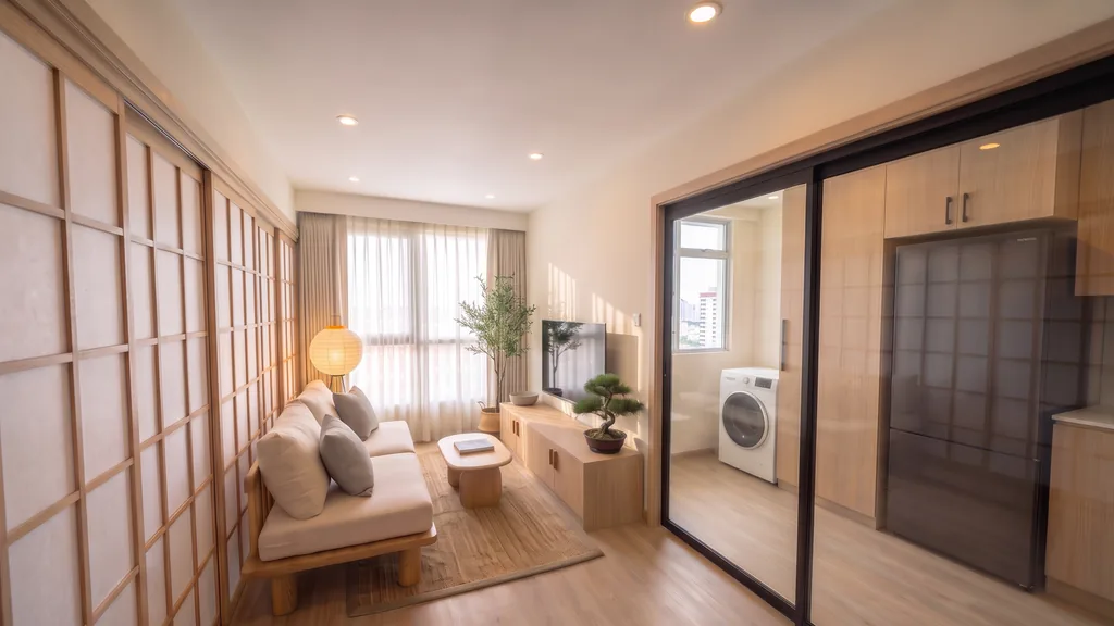 Photoreal Japandi render of the same living room, same camera, with the oak lattice sliding door