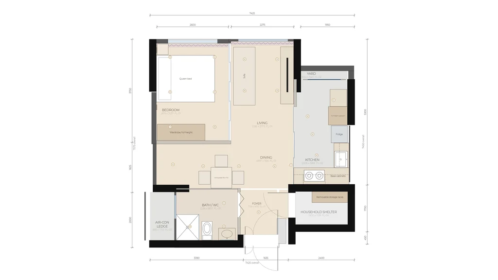 Step 2: the furnished colour plan of the same flat, with the layout checked against the design rules