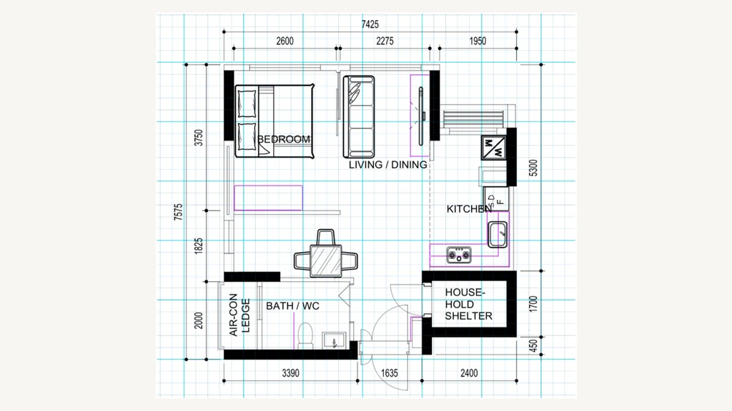 The floor plan of a 2-room Flexi HDB flat as the designer uploaded it, with her carpentry and furniture drawn on