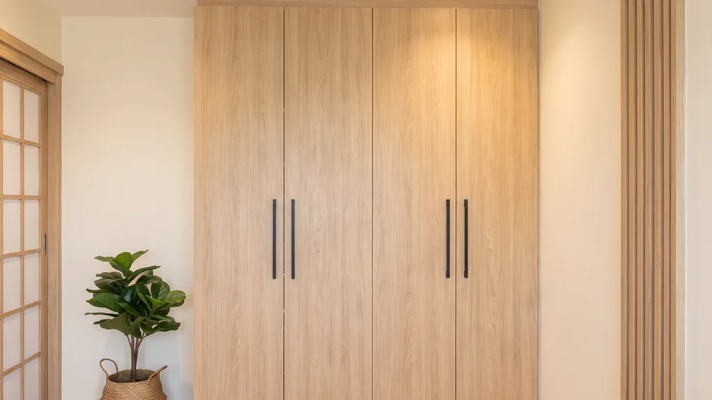 Render of the full-height pale-oak wardrobe with slim black pulls on the full-height bedroom wall
