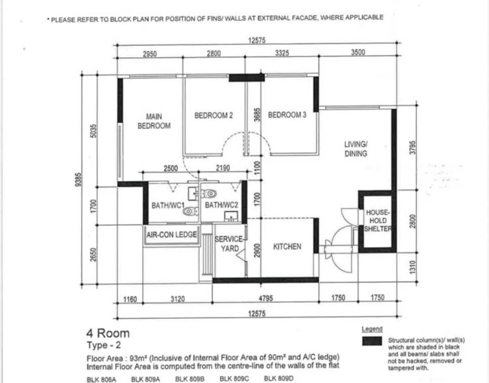 HDB sales plan of an Ang Mo Kio 4-room Type 2 flat: main bedroom, bedrooms 2 and 3, living and dining, kitchen, service yard, two bathrooms and the household shelter, with printed dimensions in millimetres