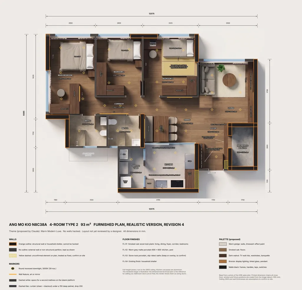 Realistic top-down furnished plan of the Ang Mo Kio 4-room HDB in Warm Modern Luxe: smoked oak floors, walnut joinery, greige sofa, tatami platform, with the same labels and dimensions as the technical plan