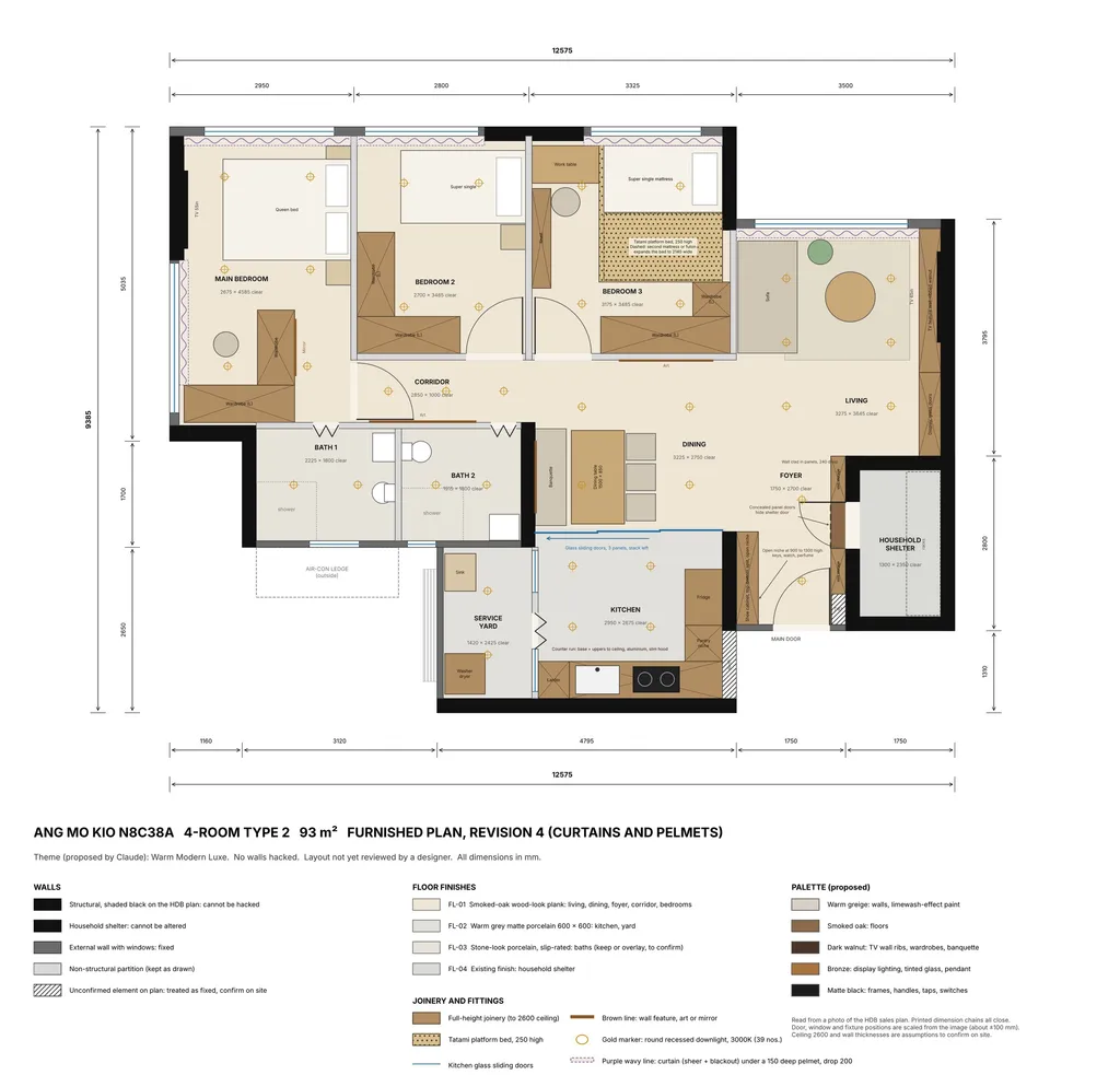 Furnished technical plan of the Ang Mo Kio 4-room HDB, revision 4: queen bed and L wardrobe in the main bedroom, super single beds in bedrooms 2 and 3, tatami platform bed, sofa and TV feature wall, dining banquette, kitchen with glass sliding doors, 39 downlights and curtain zones, with dimension chains, floor finishes and the Warm Modern Luxe palette