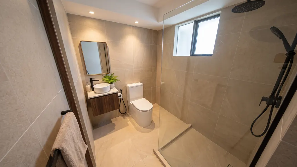 Photoreal render of bathroom 1 in the Ang Mo Kio 4-room HDB sample, Warm Modern Luxe: warm beige stone-look tiles, wall-hung walnut vanity, round mirror, wall-hung WC and a glass shower screen with a black rain shower