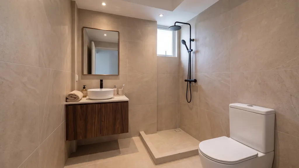 Photoreal render of bathroom 2 in the Ang Mo Kio 4-room HDB sample, Warm Modern Luxe: wall-hung walnut vanity with a white vessel basin, black-framed mirror, black shower set and warm beige stone-look tiles