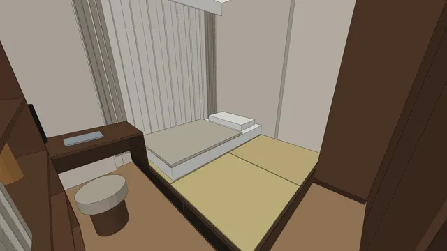 Clay 3D view of bedroom 3 in the Ang Mo Kio 4-room HDB sample: tatami platform bed with a super single mattress and a work table
