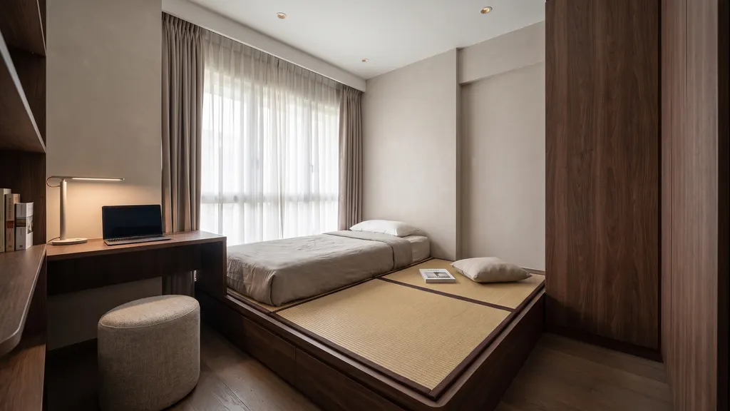 Photoreal render of bedroom 3 in the Ang Mo Kio 4-room HDB sample, Warm Modern Luxe: tatami platform bed with a super single mattress, walnut work table with a lamp, a round stool and curtains