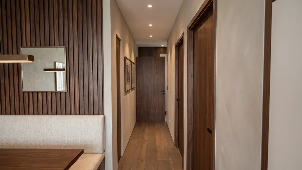 Photoreal render of the corridor in the Ang Mo Kio 4-room HDB sample, Warm Modern Luxe: a 1,000 mm corridor with walnut doors, a fluted walnut panel with a mirror and a row of downlights