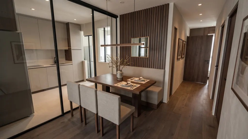 Photoreal render of the dining area in the Ang Mo Kio 4-room HDB sample, Warm Modern Luxe: walnut dining table with an upholstered banquette and chairs, linear pendant, fluted walnut panel with a mirror, and the glass-enclosed kitchen behind