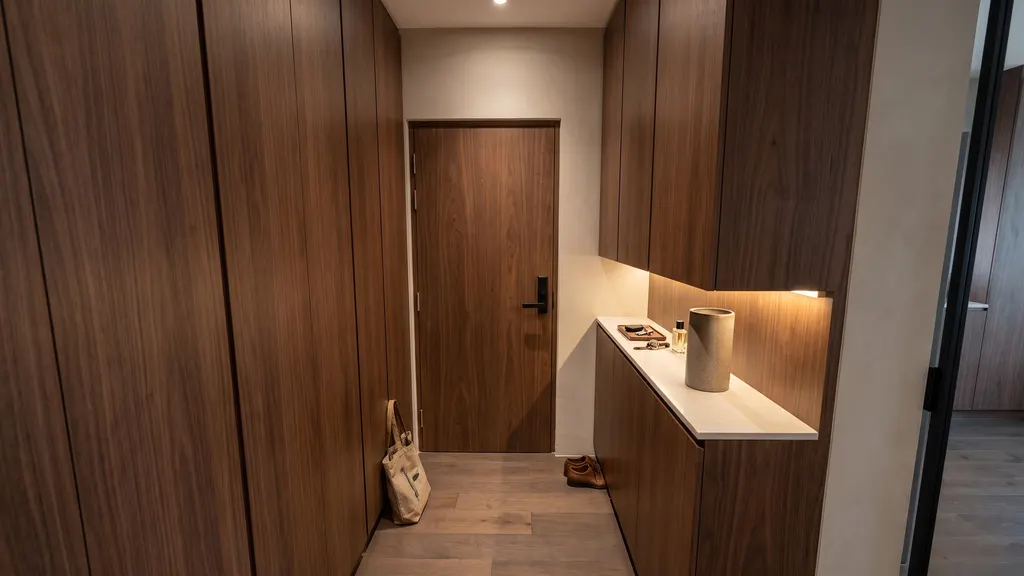 Photoreal render of the foyer in the Ang Mo Kio 4-room HDB sample, Warm Modern Luxe: walnut main door with a digital lock, full-height walnut shoe cabinet with a lit open niche and ledge, and walnut wall cladding