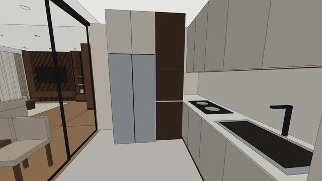 Clay 3D view of the kitchen in the Ang Mo Kio 4-room HDB sample: counter run with sink and hob, uppers to the ceiling, fridge and pantry