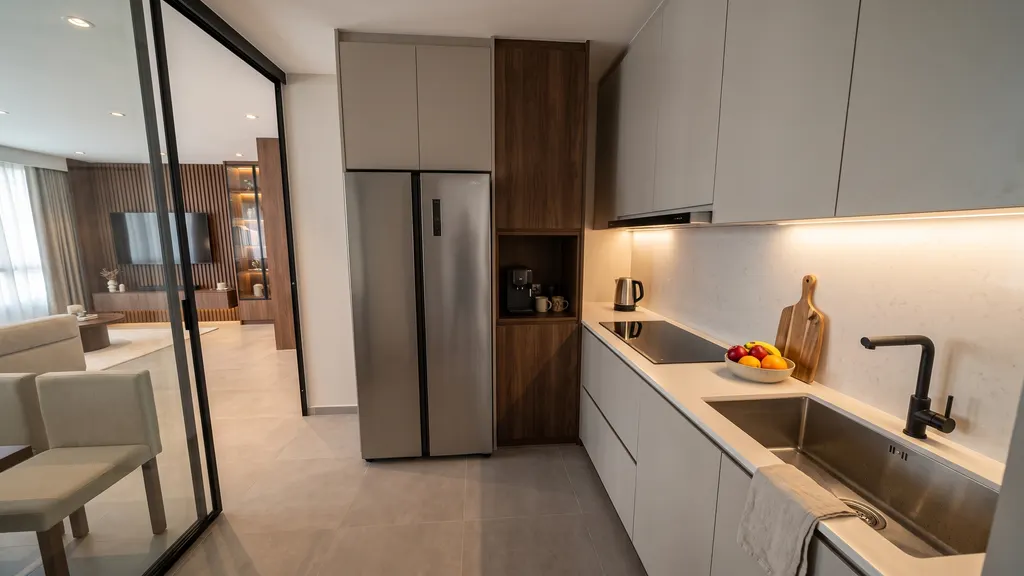 Photoreal render of the kitchen in the Ang Mo Kio 4-room HDB sample, Warm Modern Luxe: handle-less greige cabinets to the ceiling, pale worktop with sink and black tap, stainless steel fridge, walnut pantry with a coffee niche and glass sliding doors to the dining area
