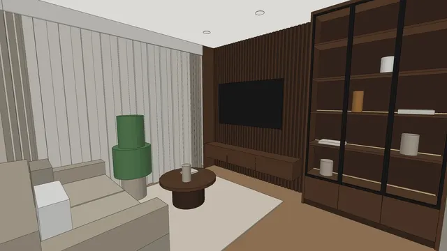 Clay 3D view of the living room TV wall in the Ang Mo Kio 4-room HDB sample: fluted feature wall, floating console, glass display cabinet, sofa and round coffee table
