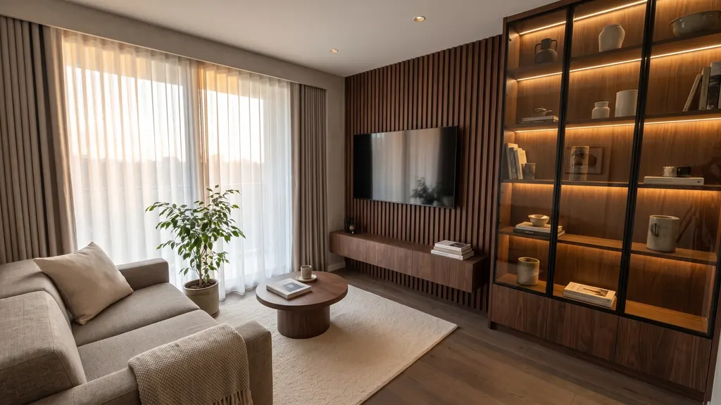 Photoreal render of the living room TV wall in the Ang Mo Kio 4-room HDB sample, Warm Modern Luxe: fluted walnut feature wall with a floating console, glass display cabinet with warm shelf lights, greige sofa, round walnut coffee table, cream rug and sheer curtains