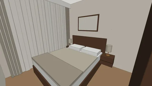 Clay 3D view of the main bedroom in the Ang Mo Kio 4-room HDB sample: queen bed with bedside tables and curtains