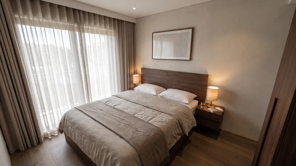 Photoreal render of the main bedroom in the Ang Mo Kio 4-room HDB sample, Warm Modern Luxe: walnut queen bed with a tall headboard, greige linen bedding, bedside lamps, framed art and curtains under a pelmet