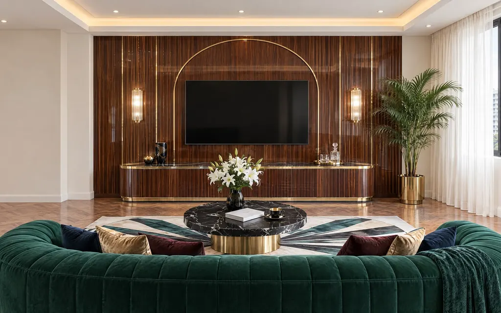 Art Deco living room in a Singapore home: Geometric glamour: arches, fans and fluted curves in lacquered walnut and black-and-white marble, polished brass, one jewel colour