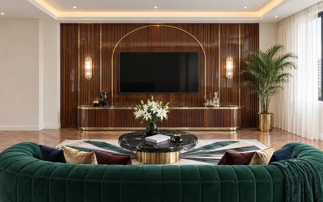 Living room in the Art Deco theme: Geometric glamour: arches, fans and fluted curves in lacquered walnut and black-and-white marble, polished brass, one jewel colour