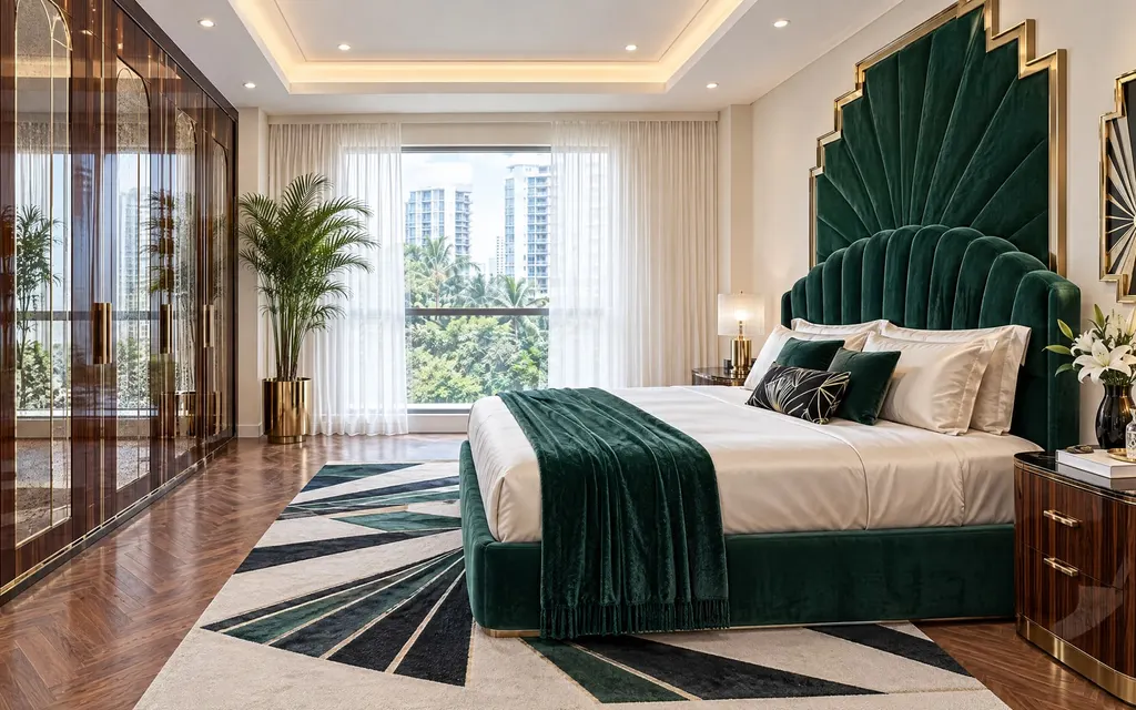 Art Deco bedroom in a Singapore home: Geometric glamour: arches, fans and fluted curves in lacquered walnut and black-and-white marble, polished brass, one jewel colour