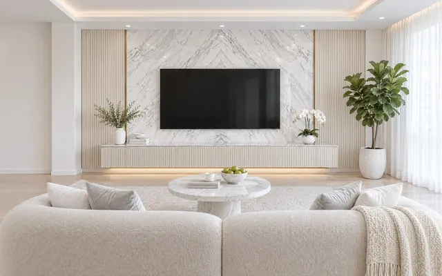 Living room in the Bright Modern Luxe theme: The light, airy sister of Warm Modern Luxe: white marble and fluted white oak on bright ivory, champagne brass as the one metal