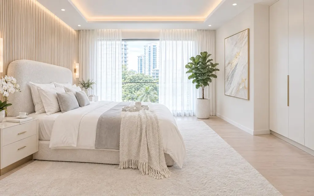 Bright Modern Luxe bedroom in a Singapore home: The light, airy sister of Warm Modern Luxe: white marble and fluted white oak on bright ivory, champagne brass as the one metal
