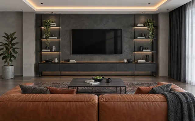 Living room in the Dark Industrial theme: Charcoal and smoked glass with warm leather and timber to keep it livable