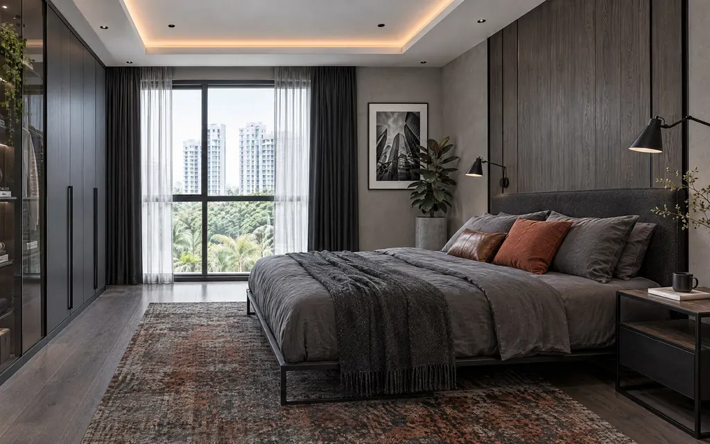 Dark Industrial bedroom in a Singapore home: Charcoal and smoked glass with warm leather and timber to keep it livable