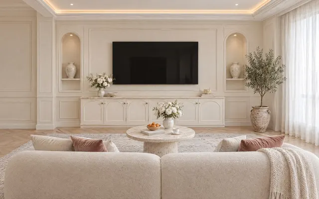 Living room in the French Cream theme: A Parisian apartment: cream limewash and plaster walls with boiserie, arched openings and niches, rounded furniture in boucle and linen, aged brass and oak herringbone