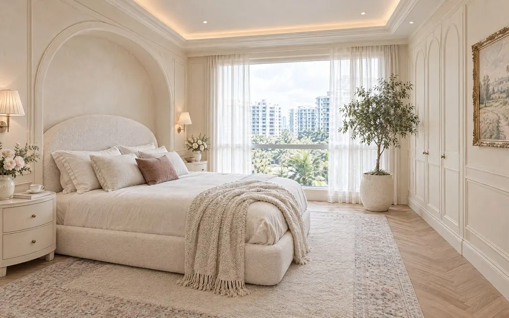 French Cream bedroom in a Singapore home: A Parisian apartment: cream limewash and plaster walls with boiserie, arched openings and niches, rounded furniture in boucle and linen, aged brass and oak herringbone