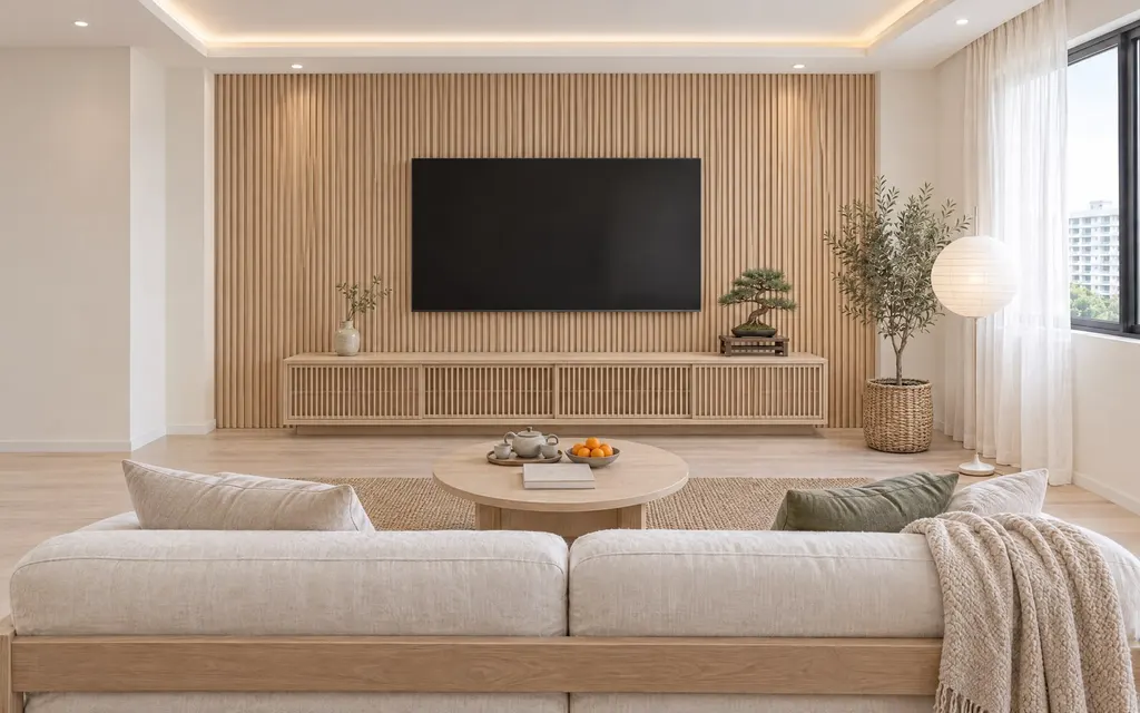Japandi living room in a Singapore home: Pale oak and lattice on warm white, low furniture, black only as a thin line. Calm and uncluttered