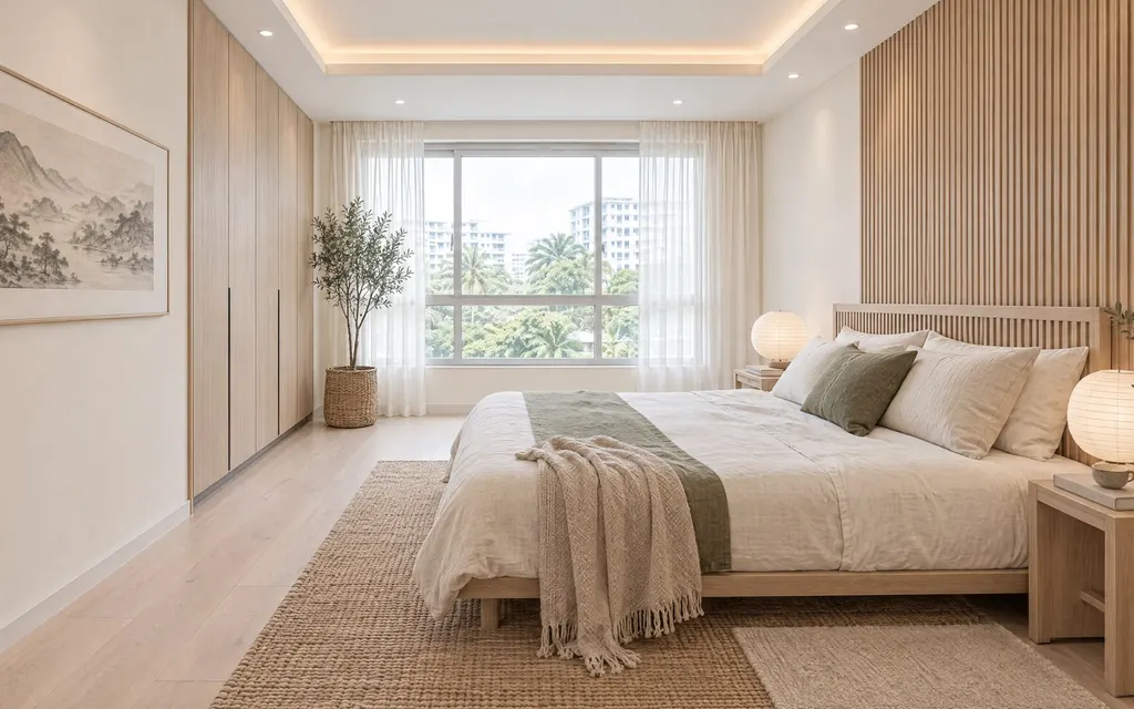 Japandi bedroom in a Singapore home: Pale oak and lattice on warm white, low furniture, black only as a thin line. Calm and uncluttered