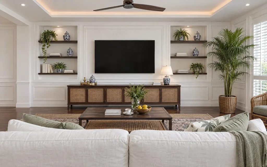 Modern British Colonial living room in a Singapore home: White wainscoting, dark timber, rattan and brass, with ceiling fans and shutters