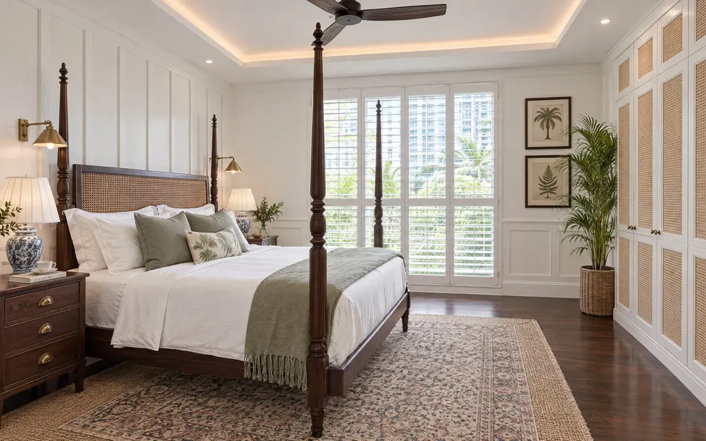 Modern British Colonial bedroom in a Singapore home: White wainscoting, dark timber, rattan and brass, with ceiling fans and shutters
