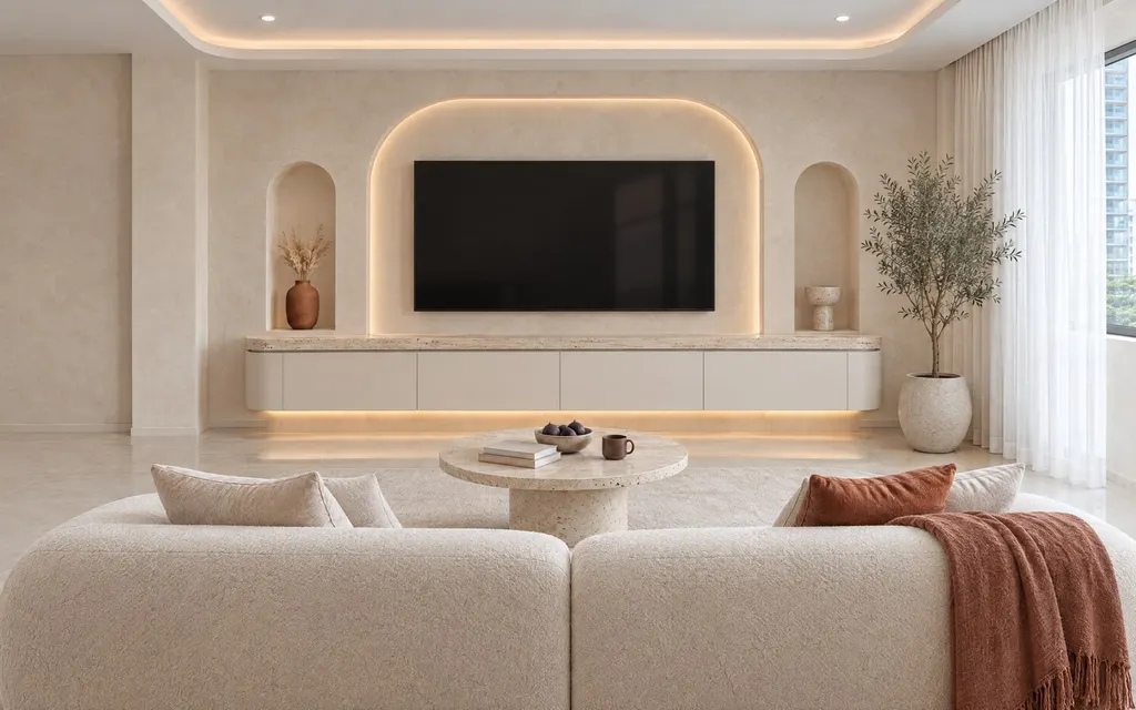 Modern Cream living room in a Singapore home: Cream tone on tone with terracotta and cocoa accents, curves everywhere: arches, flat handleless joinery with curved ends, round pedestal tables, honed pitted travertine and limewash walls in warm light