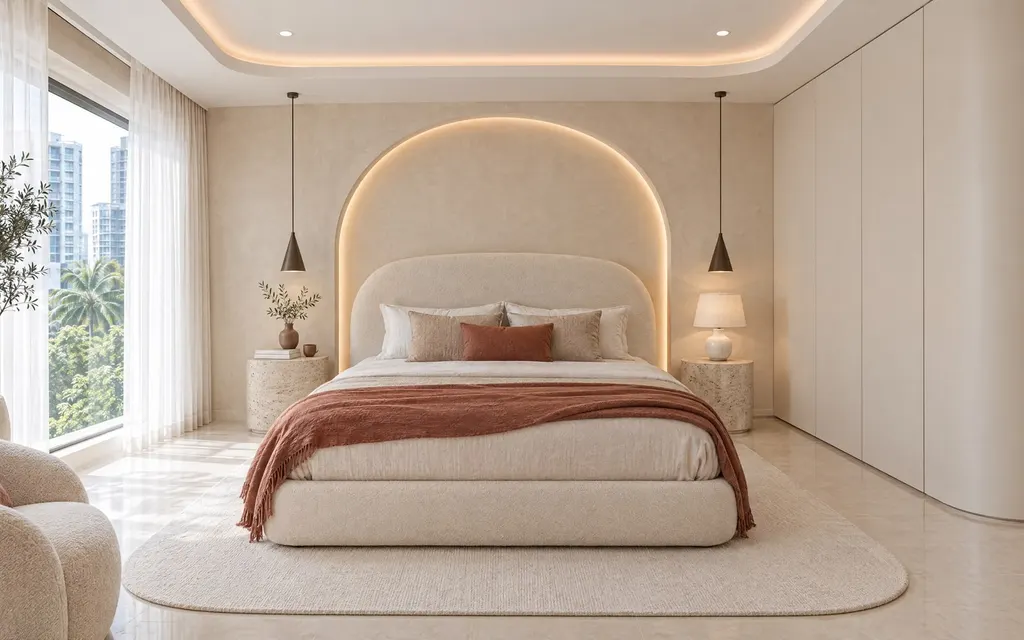 Modern Cream bedroom in a Singapore home: Cream tone on tone with terracotta and cocoa accents, curves everywhere: arches, flat handleless joinery with curved ends, round pedestal tables, honed pitted travertine and limewash walls in warm light