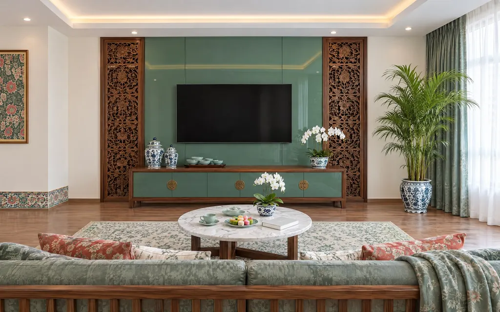 Peranakan living room in a Singapore home: A calm modern base with Peranakan tile, colour and carved detail used in a few places only
