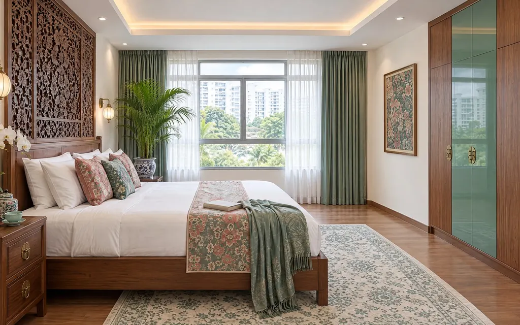 Peranakan bedroom in a Singapore home: A calm modern base with Peranakan tile, colour and carved detail used in a few places only