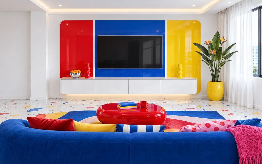 Pop Art living room in a Singapore home: Bold primaries in confident colour blocks on gallery white: glossy lacquer, graphic art and pattern, terrazzo, sculptural furniture and neon, still livable