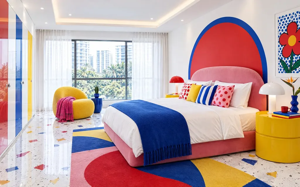 Pop Art bedroom in a Singapore home: Bold primaries in confident colour blocks on gallery white: glossy lacquer, graphic art and pattern, terrazzo, sculptural furniture and neon, still livable