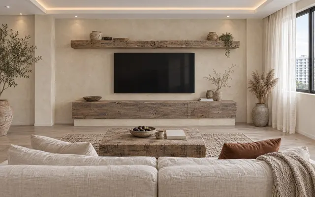 Living room in the Wabi-Sabi theme: Hand-finished plaster, rough timber and stone, nothing perfect, muted earth colours