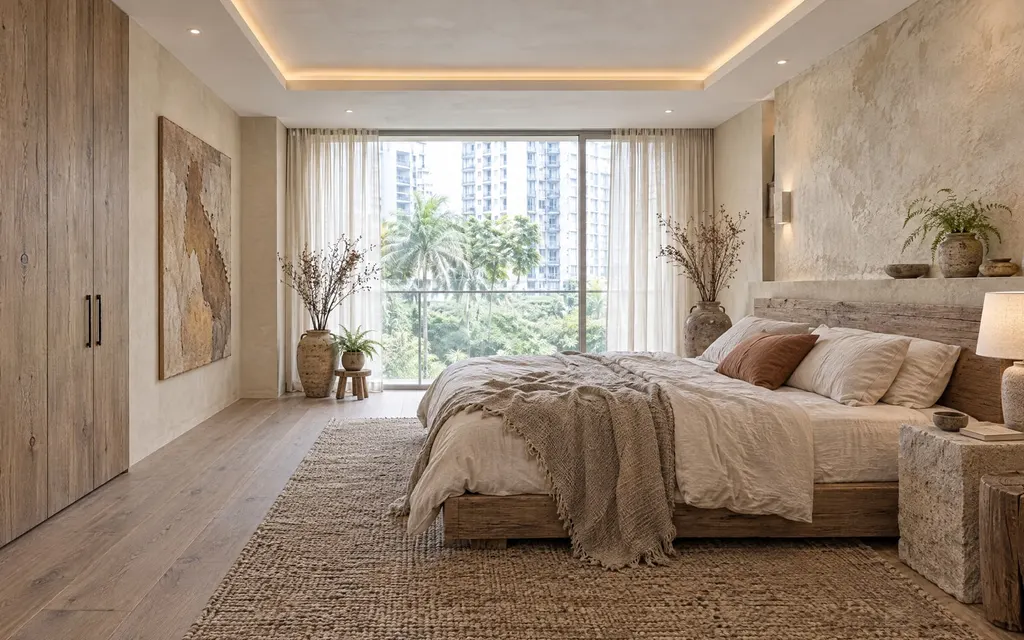 Wabi-Sabi bedroom in a Singapore home: Hand-finished plaster, rough timber and stone, nothing perfect, muted earth colours