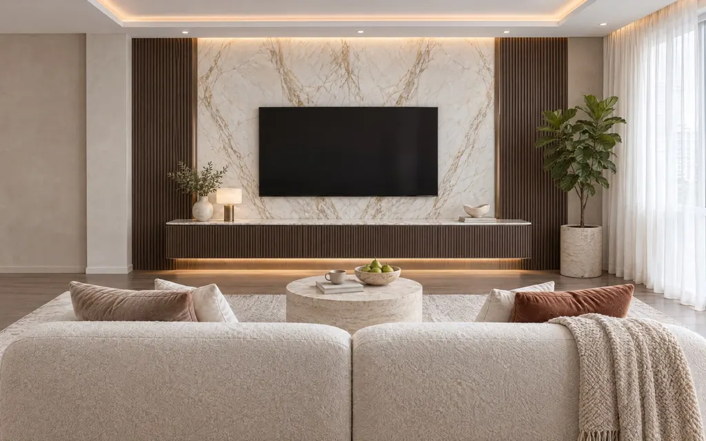 Living room in the Warm Modern Luxe theme: One hero material (dark walnut, used fluted), one accent metal (bronze), on a quiet warm greige base