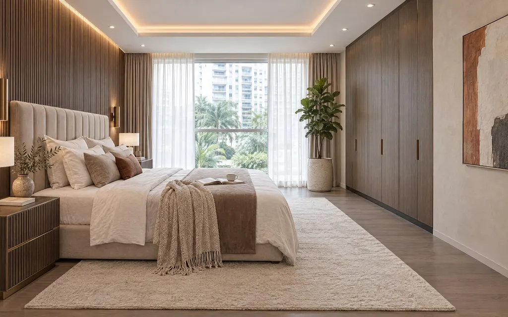 Warm Modern Luxe bedroom in a Singapore home: One hero material (dark walnut, used fluted), one accent metal (bronze), on a quiet warm greige base