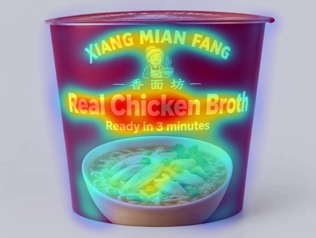 After: attention heatmap of the fictional pack with 'Real Chicken Broth, Ready in 3 minutes' as the headline